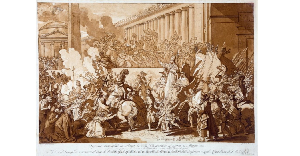 T. Minardi e G.B. Romero, Ingresso in Roma di Pio VII dopo la prigionia di Savona e Fontainebleau, stampa, 1814 (Roma, Museo di Roma di Palazzo Braschi)