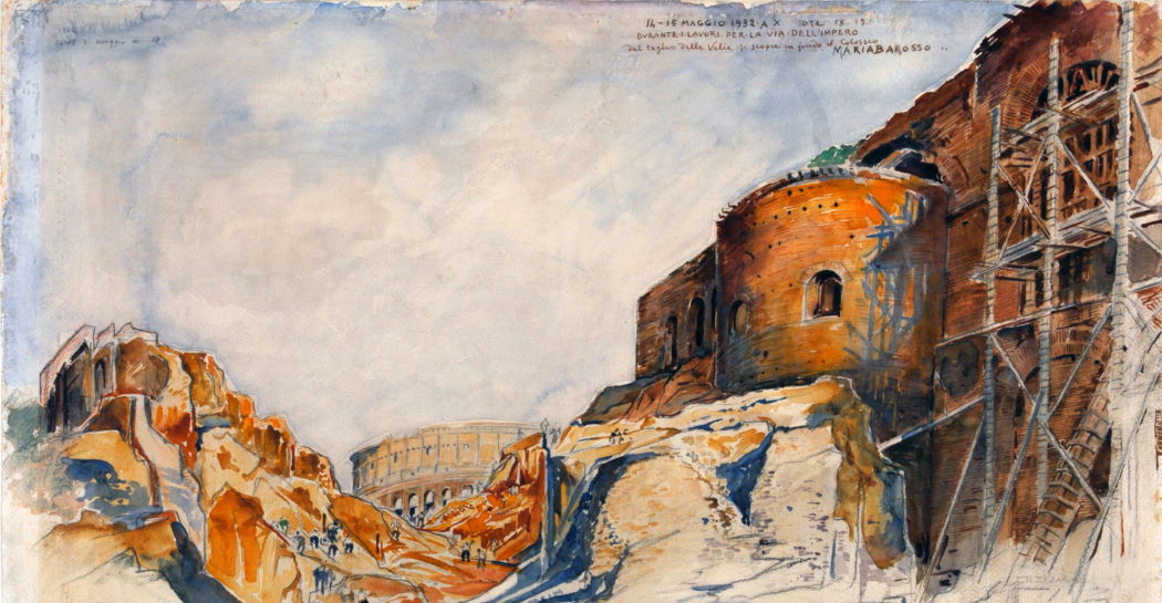 M. BAROSSO, «Durante i lavori per Via dell’Impero. Dal taglio della Velia si scopre in fondo il Colosseo», matita e acquerello su carta (14-15 maggio 1932). Roma, Museo di Roma, Gabinetto delle Stampe