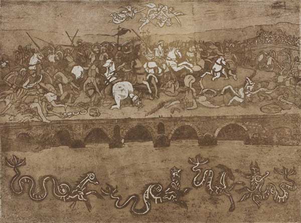 Veljko Mihajlović: Costantino - Mosaico di Ostia, Ponte Milvio e Stanze di Raffaello in Vaticano. Acquatinta, 2012, cm 41,00 x 52,00