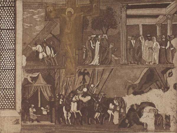 Veljko Mihajlović: Costantino - Basilica di San Francesco, Arezzo. Acquatinta, 2012, cm 41,00 x 52,00