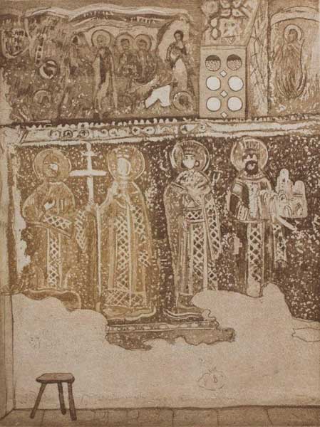 Veljko Mihajlović: Costantino – Monastero di Staro Nagoričino, Macedonia. Acquatinta, 2012, cm 41,00 x 52,00