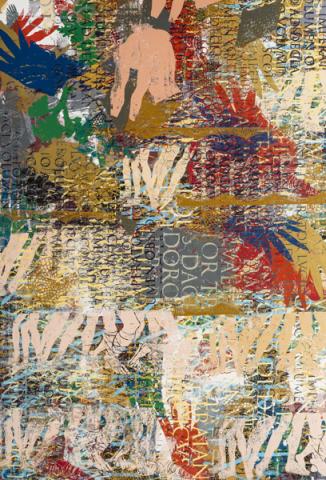 “ITINERARIA” - quadro/testimone, pittura serigrafica su tela, dim. 2,12 x 1,45 m, Luminiţa Țăranu, 2017. Fotografia di Sebastiano Luciano