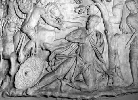 9. Particolare di un calco della colonna di Traiano con la scena del suicidio di Decebalo. Museo della Civiltà Romana. ©Roma, Sovrintendenza Capitolina ai Beni Culturali
