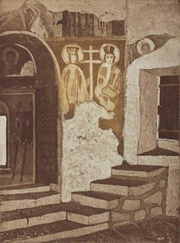 Veljko Mihajlović: Costantino - Chiesa dell’Arcangelo Michele a Borač. Acquatinta, 2012, cm 41,00 x 52,00