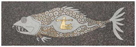 4. GIONA, mosaico. Opus tessellatum biancone, nero belgio, travertino giallo e emperador, 300 x 100 cm 4. GIONA, mosaico. Opus tessellatum biancone, nero belgio, travertino giallo e emperador, 300 x 100 cm